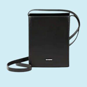 Sandro Leather Phone Holder Black Strap bag Embossed Logo Magnetic Closure
